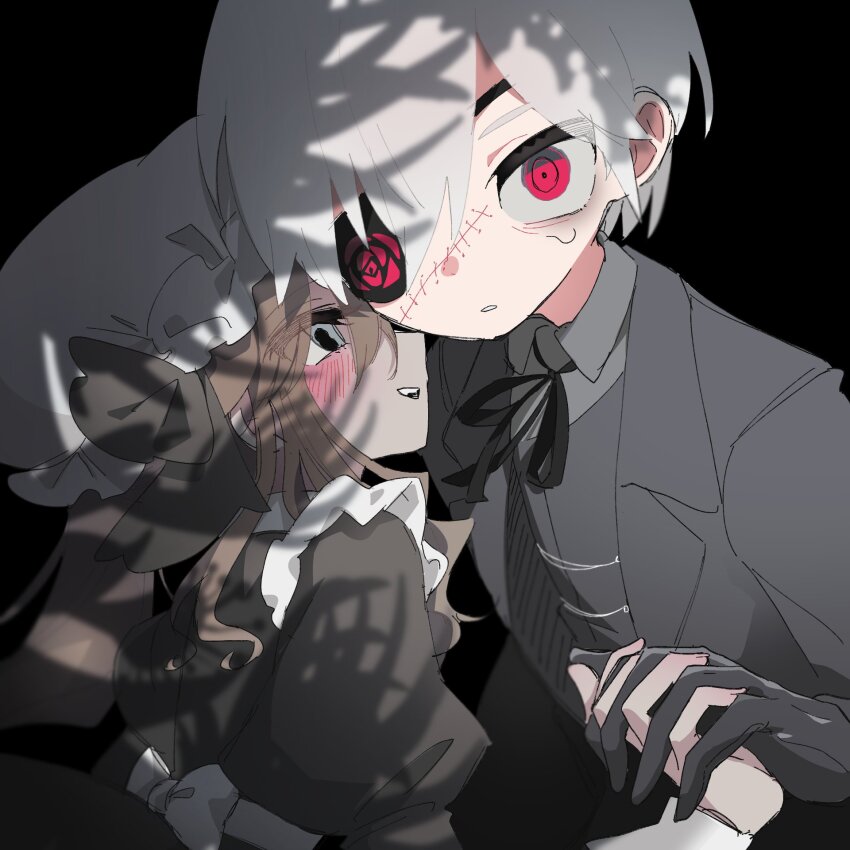 1boy, 1girl, bags_under_eyes, bamboo_(merenge_doll), black_dress, black_gloves, black_ribbon, black_veil