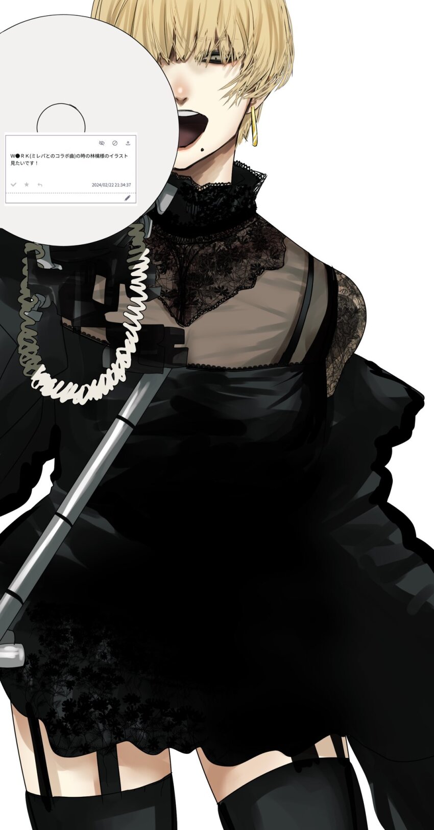 1girl, black_dress, black_jacket, black_thighhighs, blonde_hair, commentary_request, cowboy_shot, dress