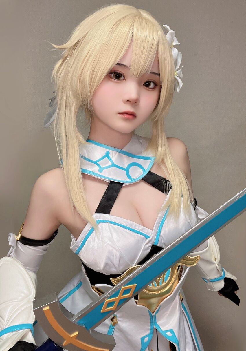 1girl, absurdres, aolo, bare_shoulders, black_gloves, blonde_hair, breasts, cleavage