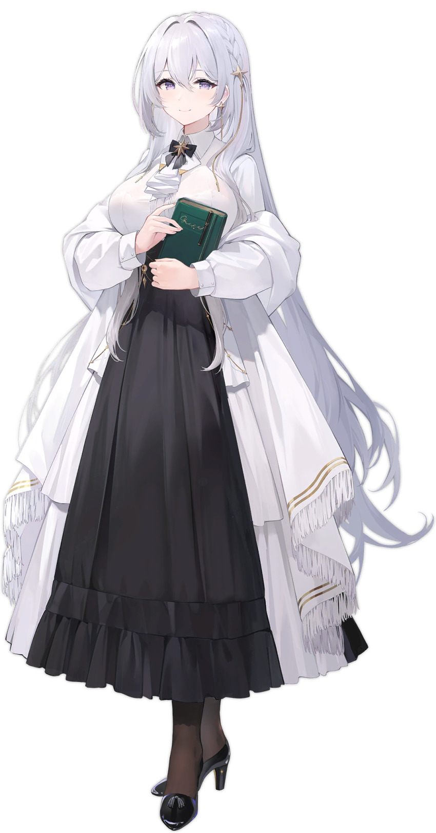 1girl, artist_request, ascot, azur_lane, black_bow, black_bowtie, black_shoes, black_skirt, book, bow, bowtie, bra, braid, breasts, brooch, brown_pantyhose, closed_mouth, collared_shirt, crown_braid, earrings, frilled_bra, frilled_skirt, frills, full_body, hair_between_eyes, hair_ornament, high-waist_skirt, high_heels, highres, holding, holding_book, jacket, jewelry, large_breasts, long_hair, long_skirt, long_sleeves, looking_at_viewer, non-web_source, official_art, open_clothes, open_jacket, pantyhose, puffy_sleeves, purple_eyes, see-through_clothes, see-through_shirt, shawl, shirt, shirt_tucked_in, shoes, sidelocks, silver_fox_(azur_lane), skirt, smile, solo, standing, underwear, very_long_hair, white_ascot, white_hair, white_jacket, white_shirt