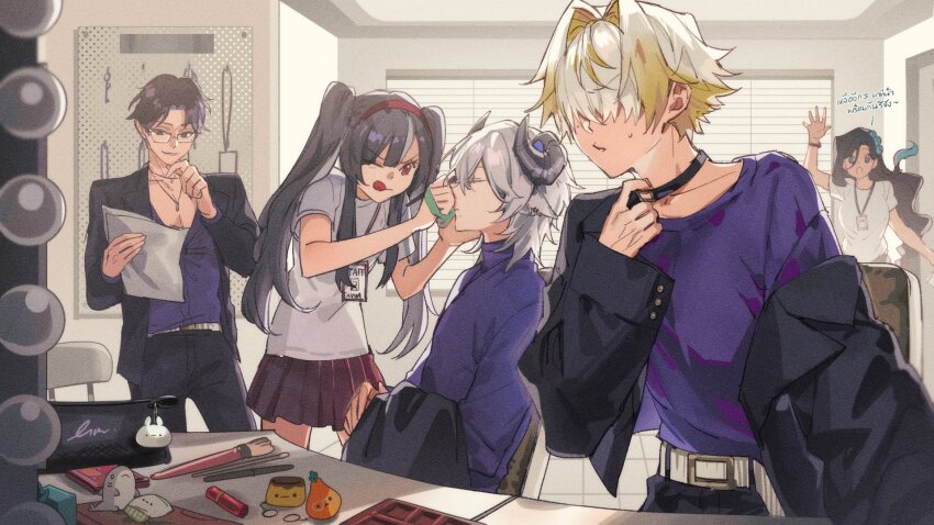 2girls, 3boys, :d, algorhythm_project, ayna_(algorhythm_project), baabel_(algorhythm_project), black_choker, black_hair