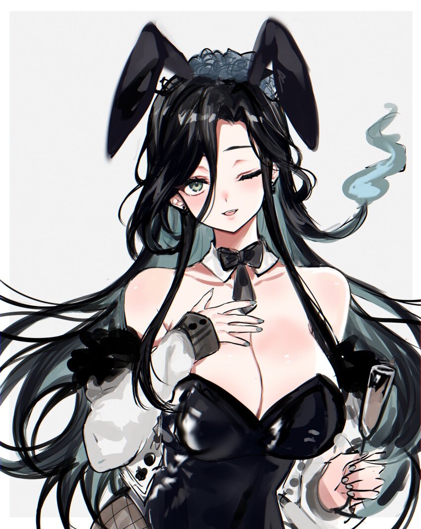 algorhythm_project, animal_ears, black_bodysuit, black_hair, bodysuit, breasts, da_jins_rins, detached_collar