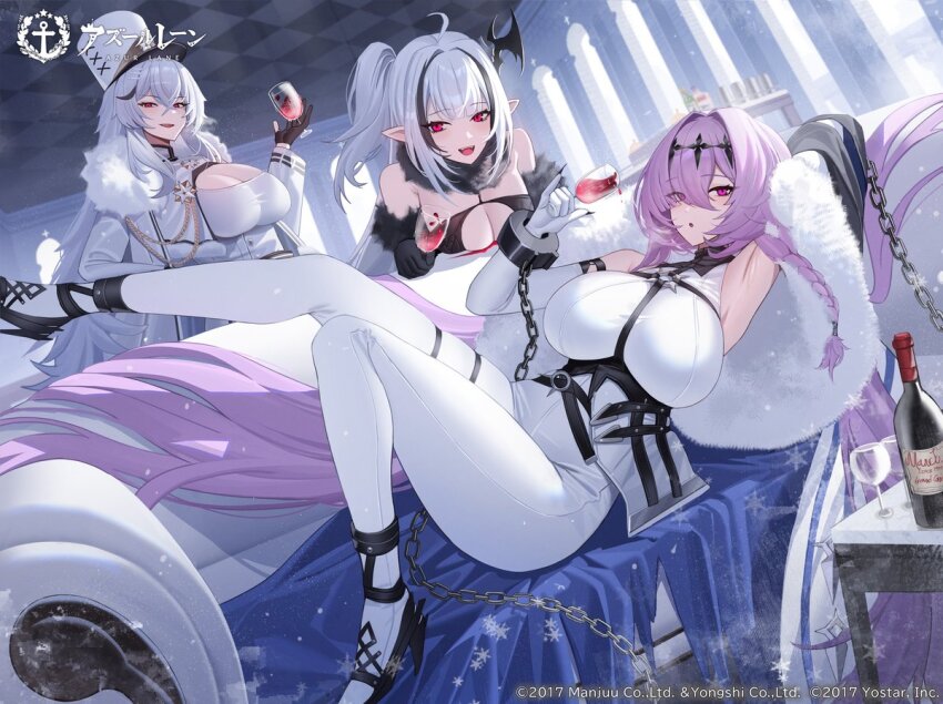 3girls, arm_up, armpits, azur_lane, black_gloves, black_hair, bottle, breasts, copyright_name, couch, cup, drinking_glass, gangut_(azur_lane), gloves, hair_between_eyes, hair_ornament, hair_spread_out, hat, high_heels, jeze, large_breasts, long_hair, looking_at_viewer, multicolored_hair, multiple_girls, official_art, on_couch, pink_eyes, pointy_ears, poltava_(azur_lane), purple_hair, red_eyes, second-party_source, sevastopol_(azur_lane), shirt, sitting, smile, solo, streaked_hair, thigh_strap, thighs, very_long_hair, white_hair, wine_bottle, wine_glass