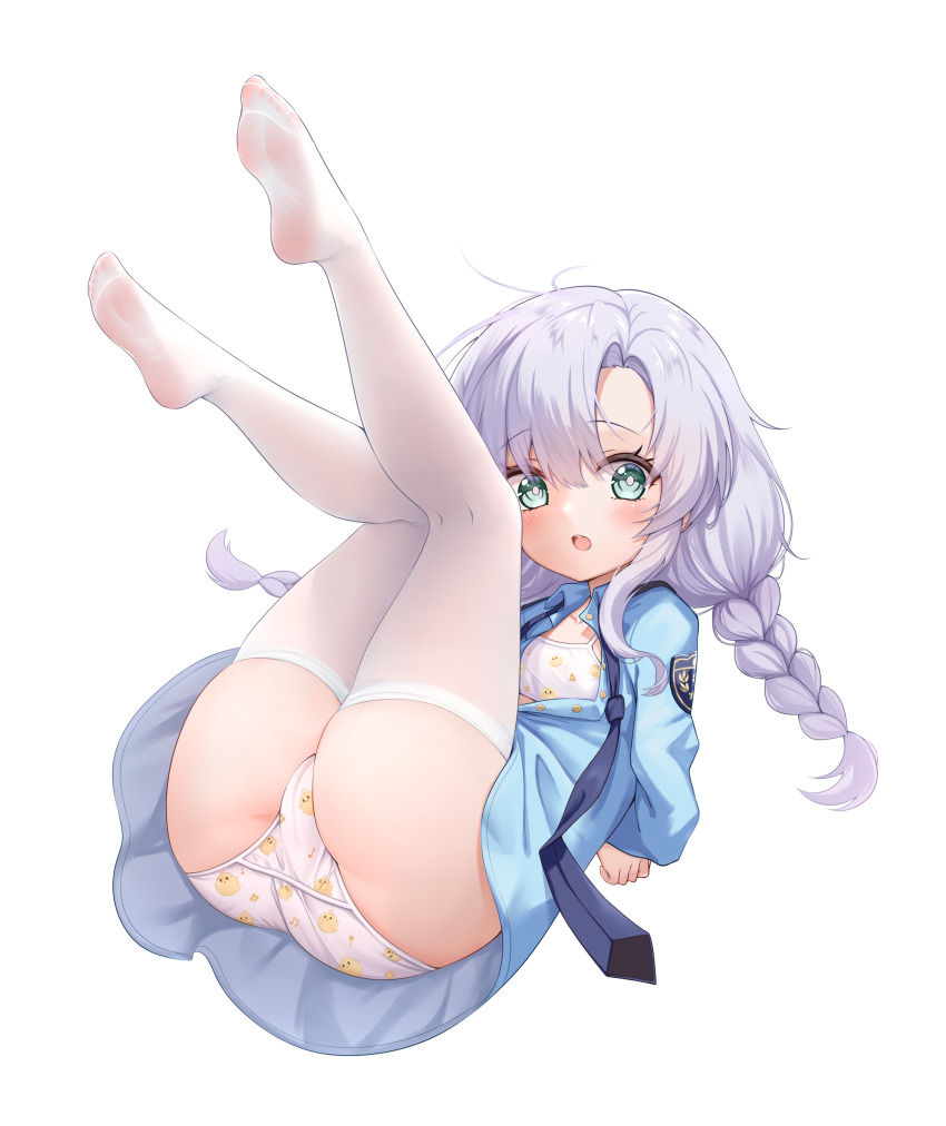 1girl, absurdres, animal_print, arms_behind_back, ass, azur_lane, bird_print, blue_dress, blue_eyes, blue_neckerchief, blush, bra, braid, breasts, cameltoe, chinese_commentary, commentary_request, dress, full_body, green_eyes, highres, legs_up, loli, long_hair, long_sleeves, looking_at_viewer, low_twin_braids, lying, manjuu_(azur_lane), neckerchief, necktie, no_shoes, official_alternate_costume, ognevoy_(azur_lane), ognevoy_(blue_nova)_(azur_lane), on_back, open_mouth, panties, pantyhose, police, police_uniform, print_panties, purple_hair, qian_hen, simple_background, small_breasts, soles, solo, thighhighs, thighs, toes, twin_braids, underwear, undone_necktie, viewfinder, white_background, white_bra, white_hair, white_panties, white_pantyhose, white_thighhighs