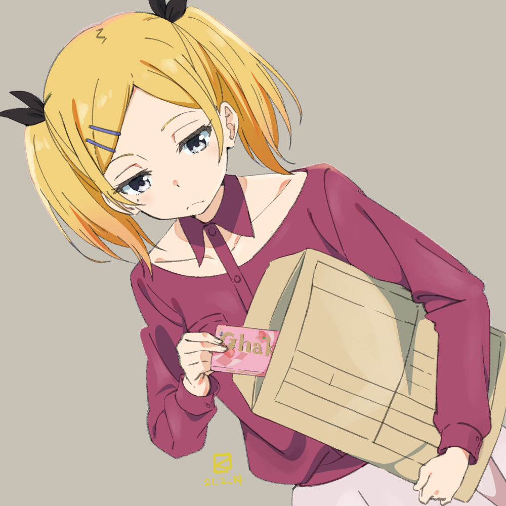 1girl, blonde_hair, blush, chocolate, collarbone, envelope, ghana_(chocolate), grey_eyes