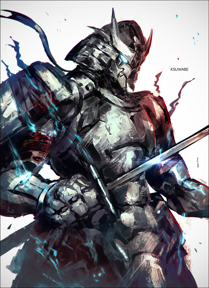 1boy, armor, artist_name, glowing, glowing_eyes, greyscale, helmet, holding, holding_sword, holding_weapon, japanese_armor, k-suwabe, kabuto_(helmet), katana, kote, male_focus, mask, monochrome, mouth_mask, shangri-la_frontier, shikoro, shoulder_armor, simple_background, sode, solo, spot_color, sword, weapon, wethermon, white_background