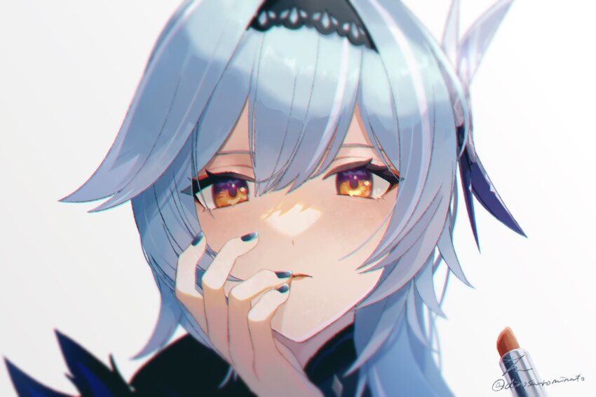 1girl, black_hairband, blue_hair, blue_nails, blurry, depth_of_field, dinosaurominuto, eula_(genshin_impact), genshin_impact, hair_ornament, hairband, hand_on_own_face, lips, lipstick, looking_at_viewer, makeup, medium_hair, nail_polish, orange_eyes, portrait, signature, simple_background, solo, straight-on, twitter_username, white_background