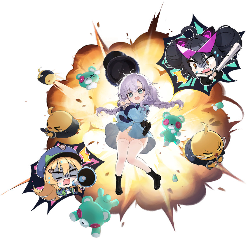 >_<, 3girls, abercrombie_(azur_lane), abercrombie_(hot_on_your_trail)_(azur_lane), animal_print, aqua_eyes, azur_lane, bird, bird_print, black_footwear, black_hair, black_headwear, blonde_hair, blue_shirt, boots, braid, chungu, cuffs, double_bun, explosion, full_body, grey_hair, hair_between_eyes, hair_bun, hair_ornament, handcuffs, hat, highres, holding, holster, loli, long_hair, long_sleeves, low_twin_braids, manjuu_(azur_lane), megaphone, multiple_girls, necktie, official_alternate_costume, official_art, ognevoy_(azur_lane), ognevoy_(blue_nova)_(azur_lane), open_mouth, panties, pantyshot, police, police_hat, police_uniform, print_panties, scared, shaded_face, sharp_teeth, shirt, stuffed_animal, stuffed_toy, surprised, svirepy_(azur_lane), svirepy_(rebellious_artist)_(azur_lane), sweatdrop, tearing_up, tears, teddy_bear, teeth, thick_thighs, thighhighs, thighs, transparent_background, twin_braids, twintails, underwear, white_hair, white_panties, white_thighhighs, wind, wind_lift, yellow_eyes