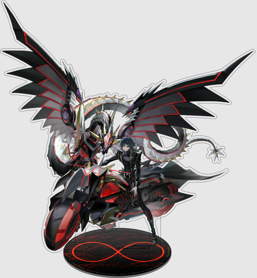 1boy, absurdres, between_fingers, black_jacket, black_pants, blue_hair, card, cyber_dragon_infinity