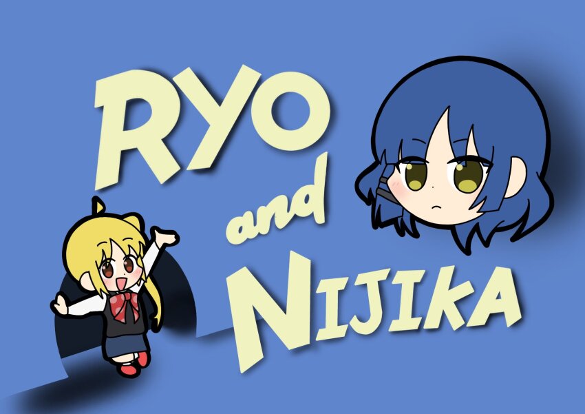 ahoge, blonde_hair, blue_background, blue_hair, bocchi_the_rock!, bowtie, chibi, cropped_head, green_eyes, hair_ornament, hairclip, highres, ijichi_nijika, mada_shichiji, parody, polka_dot_bow, polka_dot_bowtie, red_eyes, red_footwear, simple_background, tom_and_jerry, yamada_ryo