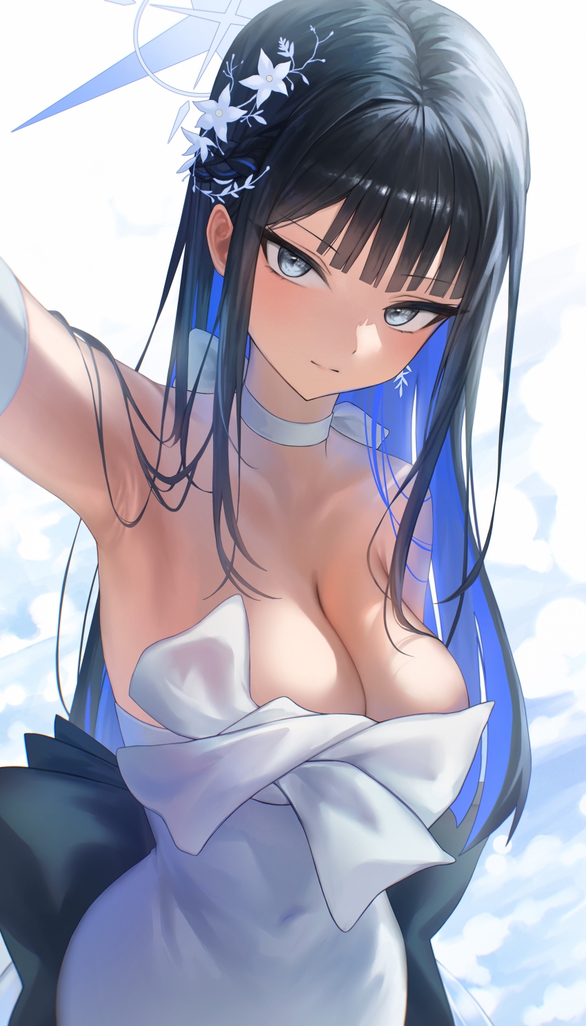 1girl, absurdres, arm_up, black_hair, blue_archive, blue_eyes, blue_halo, breasts