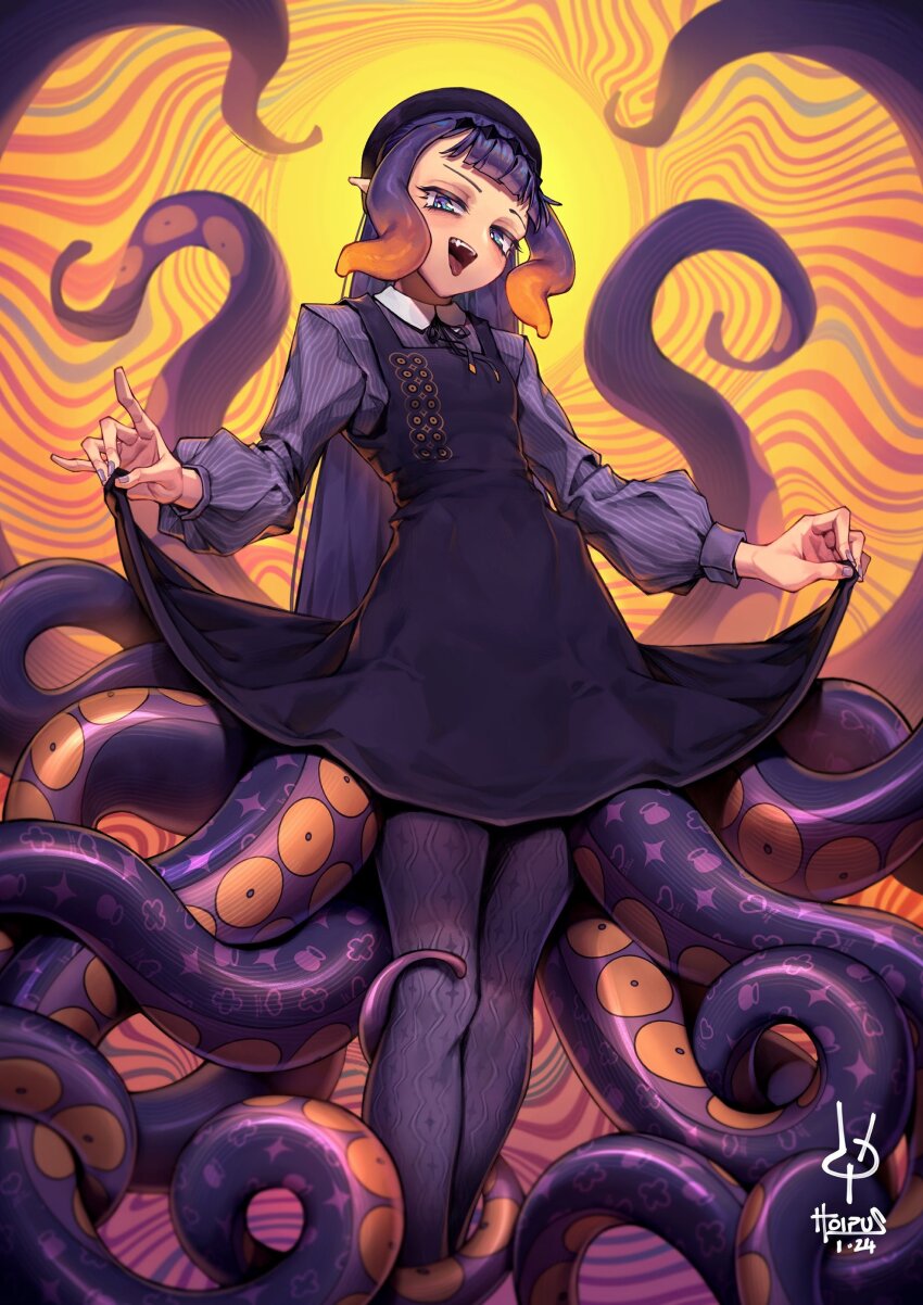 1girl, absurdres, beret, black_dress, blue_eyes, blunt_bangs, clothes_lift, commentary