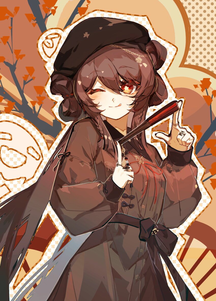 1girl, :q, a_ji, absurdres, black_dress, black_headwear, black_nails, blush