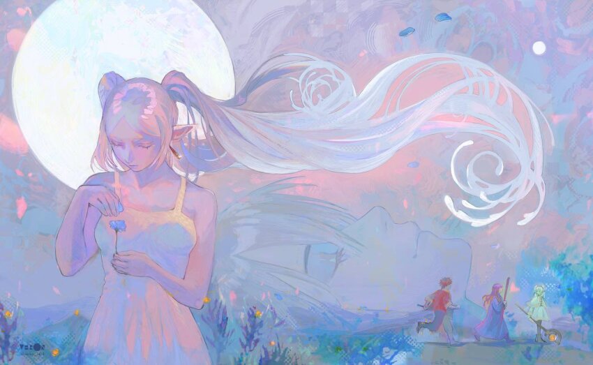 2boys, 2girls, arm_wrap, artist_name, bare_arms, bare_shoulders, belt, black_pants