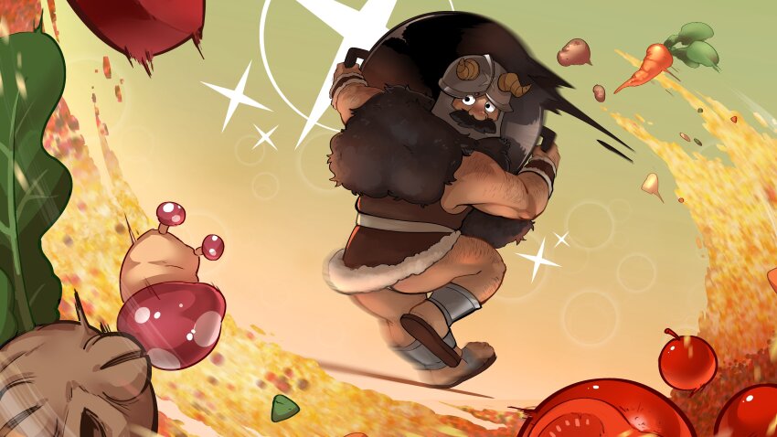 1boy, absurdres, ass_peek, bara, beard, brown_hair, carrot, cooking, dungeon_meshi, dwarf, facial_hair, fake_horns, food, frown, full_body, hairy, helmet, highres, horned_helmet, horns, jumping, long_beard, male_focus, male_underwear, male_underwear_peek, mandrake, midair, mustache, poncho_(boarpunch), senshi_(dungeon_meshi), solo, sparkle, sparkling_aura, sparse_arm_hair, sparse_leg_hair, thick_mustache, tomato, underwear, very_long_beard, walking_mushroom_(dungeon_meshi), wok