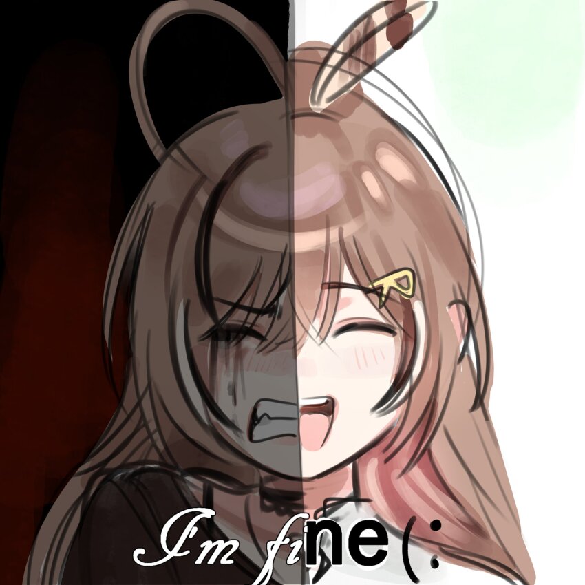 1girl, ^_^, ahoge, black_choker, black_eyeliner, black_hair, blush, brown_hair