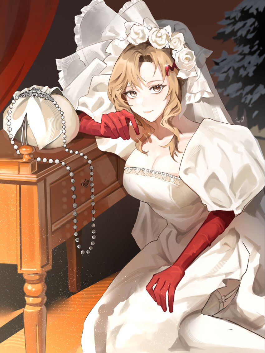 1girl, absurdres, bag, breasts, brown_eyes, brown_hair, cleavage, closed_mouth, cowboy_shot, dress, elbow_gloves, elbow_on_table, flower, garter_straps, gloves, hair_flower, hair_ornament, hairclip, hand_up, handbag, highres, indoors, large_breasts, long_dress, looking_at_viewer, medium_hair, melania_(a_peaceful_night)_(reverse:1999), melania_(reverse:1999), ms._acey, official_alternate_costume, puffy_short_sleeves, puffy_sleeves, red_gloves, reverse:1999, rose, short_sleeves, side_slit, sidelocks, sitting, smile, solo, table, thighhighs, veil, wedding_dress, white_bag, white_dress, white_flower, white_rose, white_thighhighs, white_veil, zuuichi