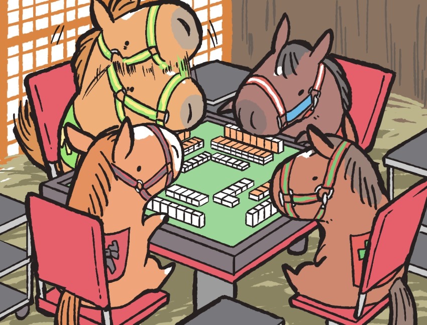afterimage, animal_focus, bridle, chair, chibi, commentary, gambling, horse