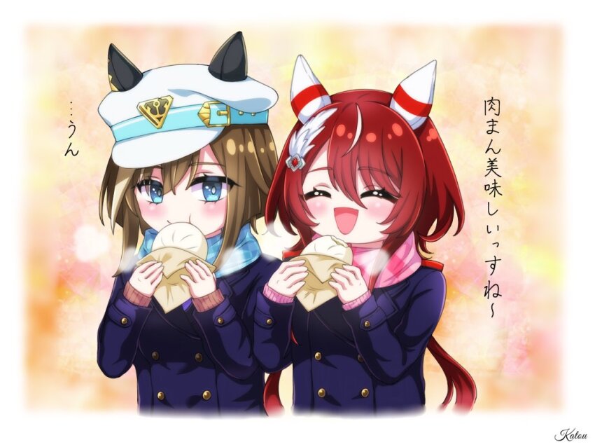 2girls, artist_name, blue_eyes, blush, c2f9aa, casual, cheval_grand_(umamusume), closed_eyes, commentary_request, eating, food, hair_between_eyes, hair_ornament, hat, low_twintails, medium_hair, multiple_girls, portrait, red_eyes, scarf, school_uniform, simple_background, tracen_school_uniform, translation_request, twintails, umamusume, win_variation_(umamusume), winter_uniform