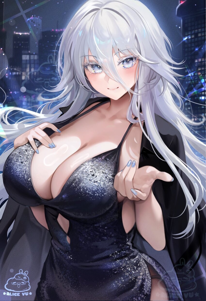 1girl, alice_vu, azur_lane, black_dress, breasts, building, cleavage, colored_eyelashes