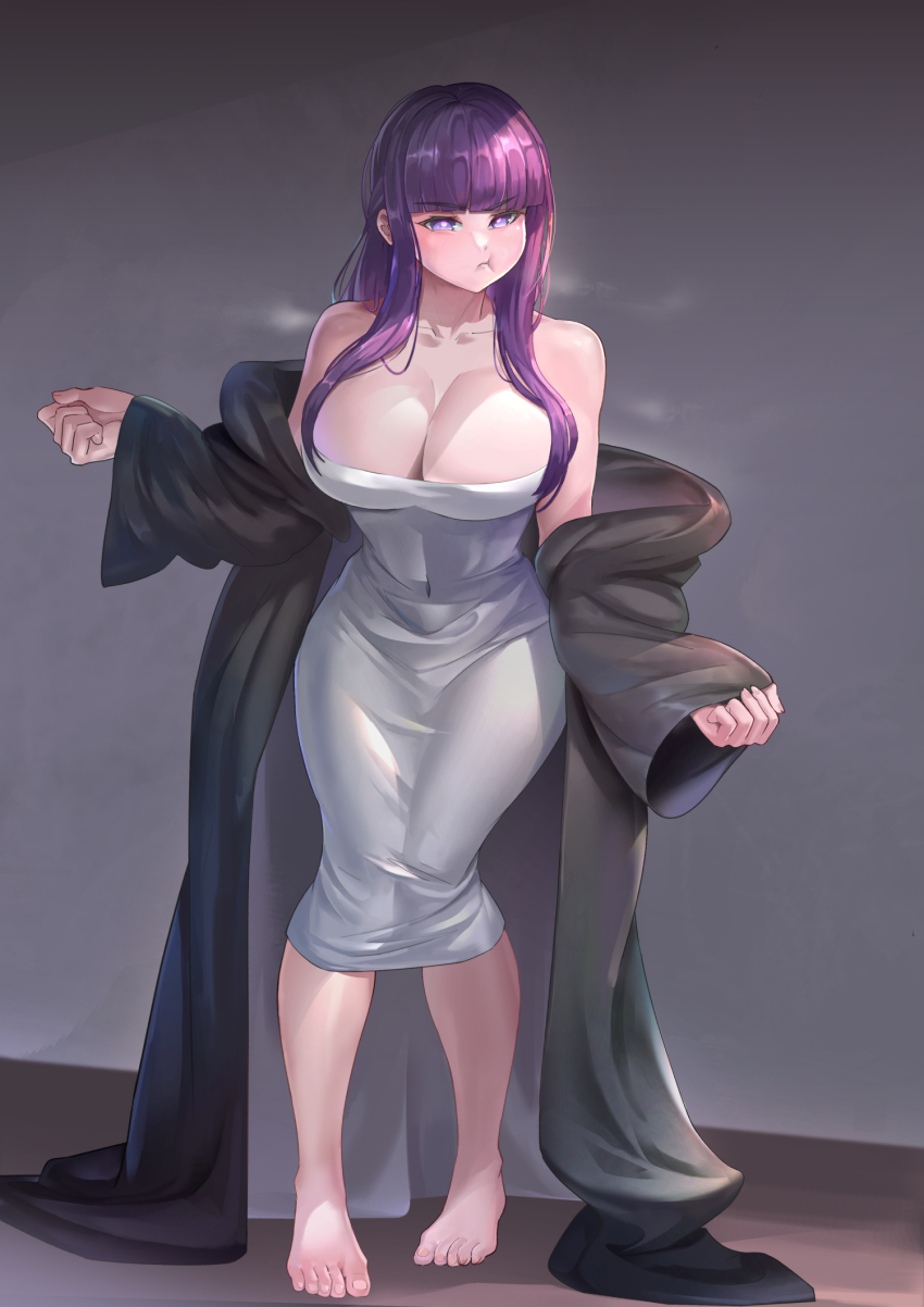 1girl, barefoot, breasts, dada_pig, feet, fern_(sousou_no_frieren), highres, large_breasts, long_hair, looking_at_viewer, pout, purple_eyes, purple_hair, sousou_no_frieren, steam, toes