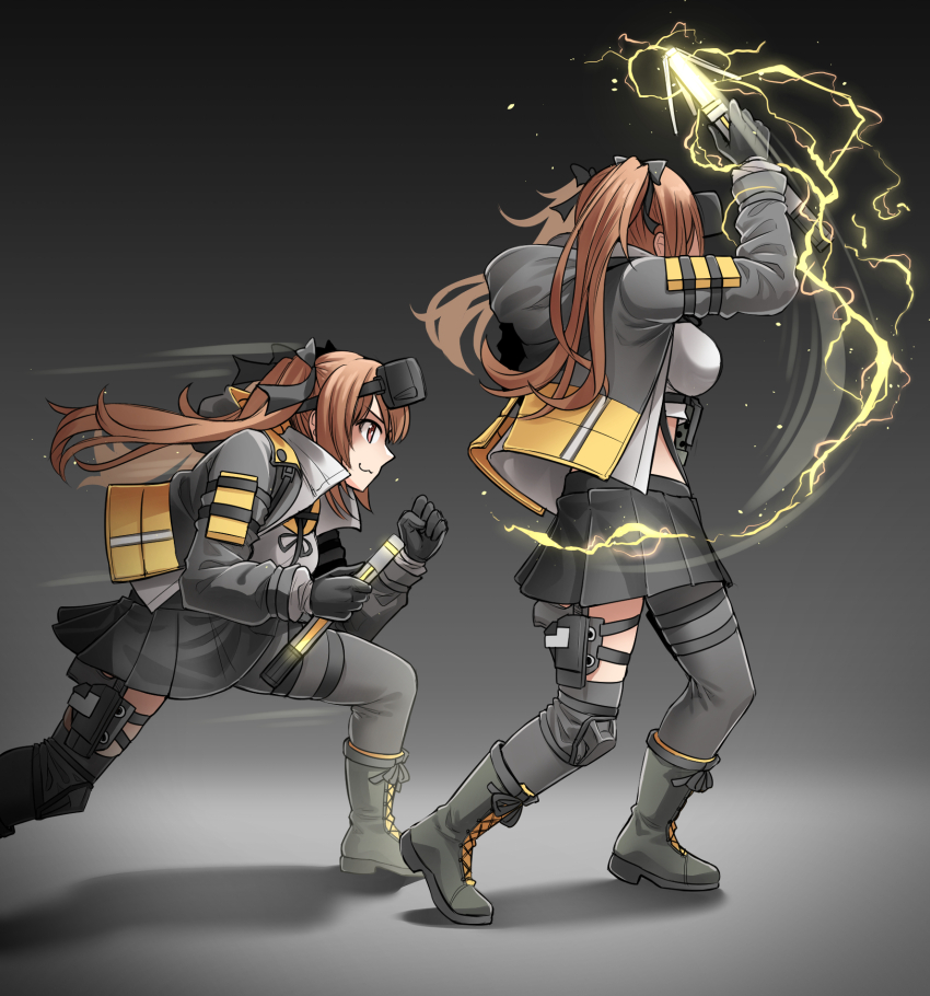 1girl, :3, afterimage, asymmetrical_legwear, black_footwear, black_gloves, black_jacket, black_ribbon