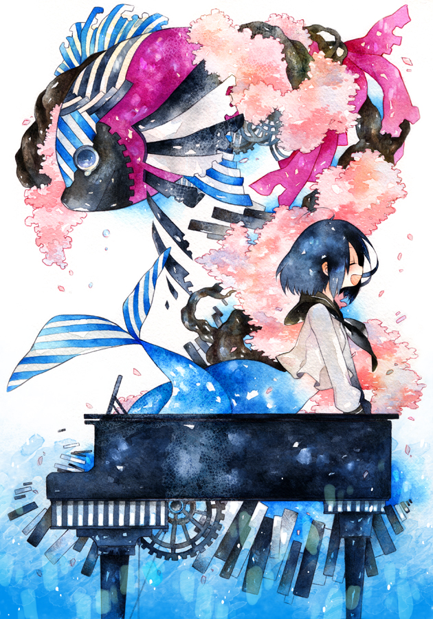 1girl, :d, bad_id, bad_pixiv_id, cherry_blossoms, closed_eyes, female_focus, fish