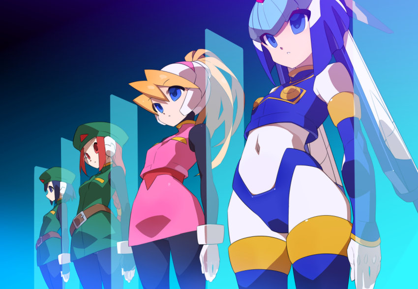 4girls, android, beret, black_bodysuit, black_hair, blank_eyes, blonde_hair, blue_eyes, blue_headwear, bodysuit, bodysuit_under_clothes, braid, ciel_(mega_man), dress, fairy_leviathan_(mega_man), forehead_jewel, green_dress, green_headwear, hat, helmet, high_ponytail, kaidou_zx, long_hair, mega_man_(series), mega_man_zero_(series), multiple_girls, pink_skirt, ponytail, red_eyes, red_hair, robot, robot_ears, shirt, short_hair, skirt, sleeveless, sleeveless_shirt, thighhighs, uniform, unnamed_female_soldier_(mega_man_zero)