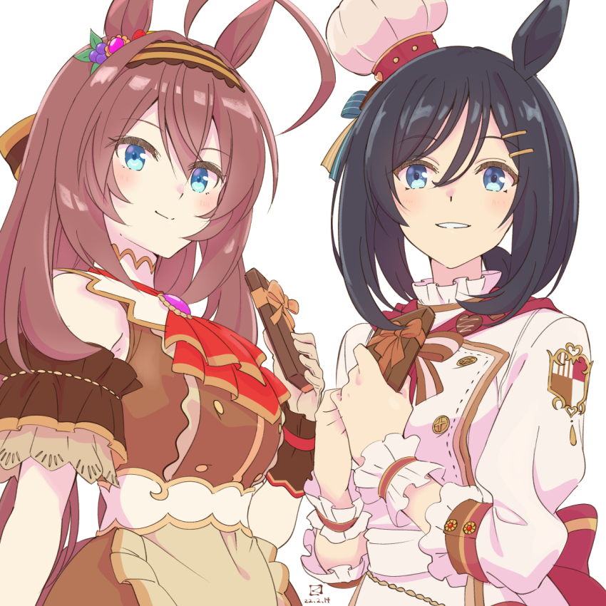 2girls, animal_ears, ascot, black_hair, blue_eyes, blush, bow, bowtie