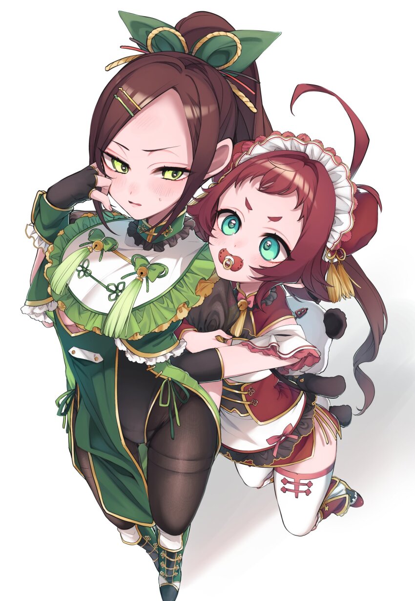 2girls, alternate_costume, aqua_eyes, arm_hug, black_pantyhose, blush, brown_hair, china_dress, chinese_clothes, dress, fingerless_gloves, frills, gloves, green_eyes, hair_ornament, hairclip, hairpin, highres, kimi_no_koto_ga_dai_dai_dai_dai_daisuki_na_100-nin_no_kanojo, kngu0511, long_hair, looking_at_another, multiple_girls, pacifier, panda_bag, pantyhose, red_hair, thighhighs, torotoro_kishika, white_thighhighs, yakuzen_kusuri