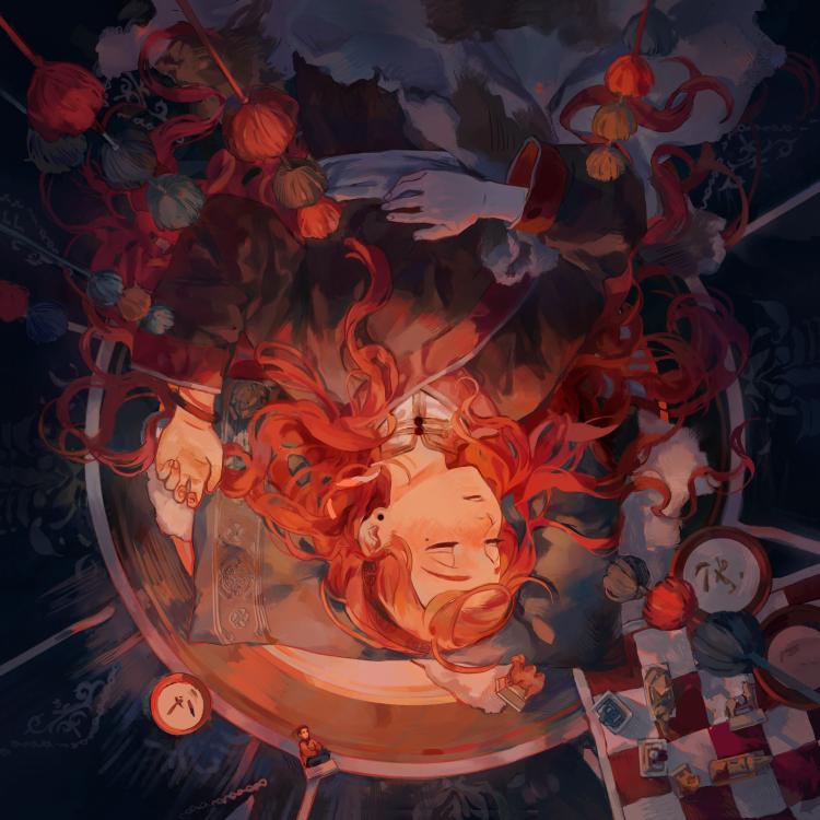 1girl, black_shirt, black_skirt, black_sleeves, bowl, chinese_clothes, chinese_commentary, closed_eyes, commentary_request, cowboy_shot, fingernails, food, hair_spread_out, hand_on_own_stomach, hong_(hong11117), long_hair, long_sleeves, lying, on_back, original, palms, parted_lips, pillow, red_hair, shirt, skirt, solo, soup, undershirt, upside-down, very_long_hair