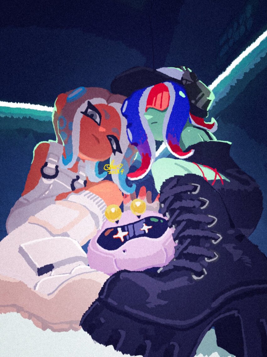 2023, 2girls, agent_8_(splatoon), aqua_skin, bare_shoulders, baseball_cap, black_dress, black_footwear