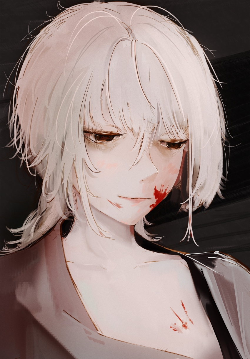 1girl, bags_under_eyes, black_background, black_eyes, black_robe, blood, blood_on_face, blush, choujin_x, highres, light_smile, looking_down, messy_hair, no_shirt, open_clothes, open_robe, robe, shishinegura_palma, simple_background, sitou_123, smile, white_hair