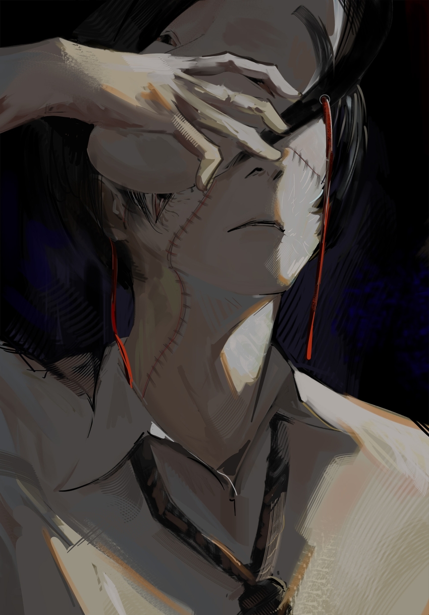 1boy, black_background, black_hair, choujin_x, highres, mask, necktie, noh_mask