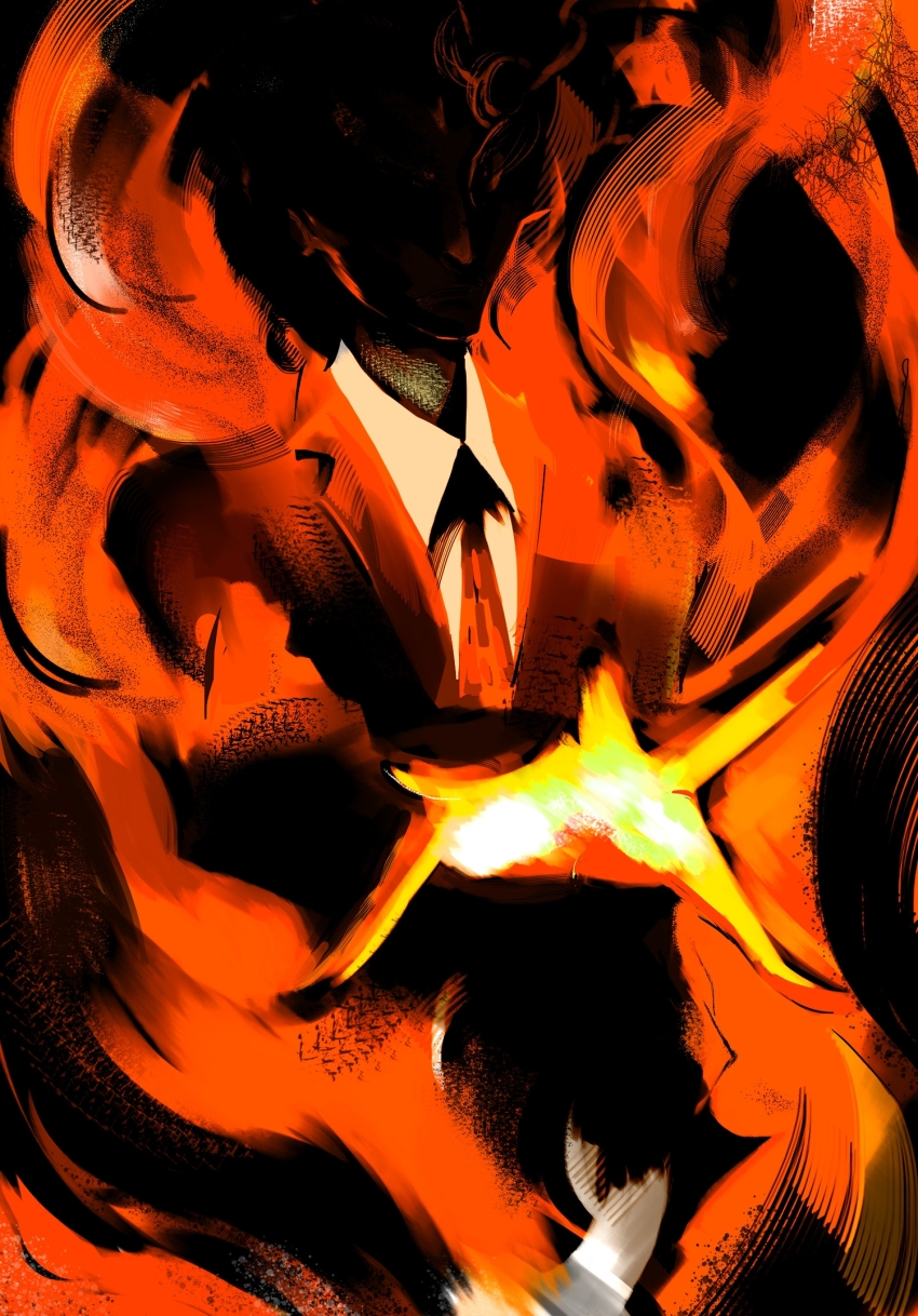1boy, black_suit, business_suit, chandra_hume_(choujin_x), choujin_x, collared_shirt, colored_smoke, fiery_hair