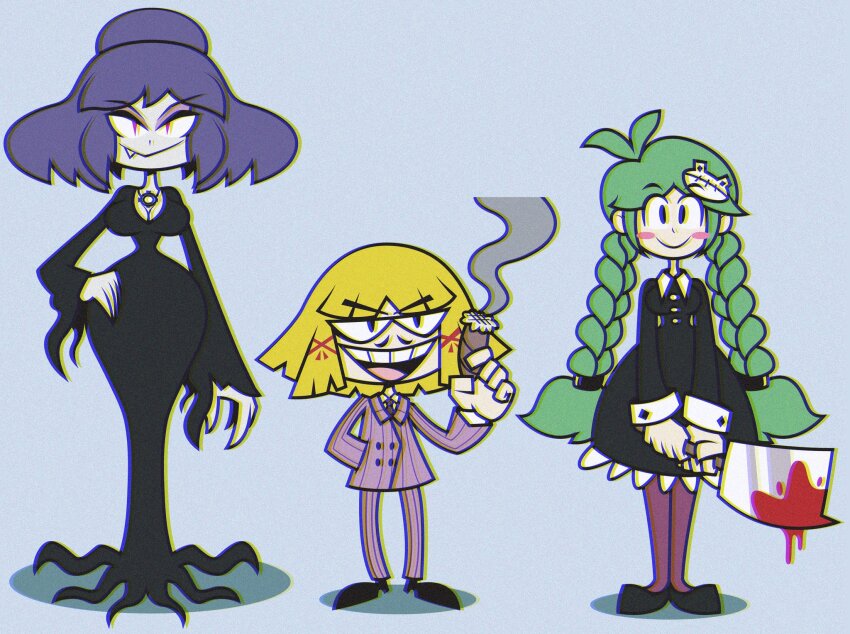 3girls, the_addams_family, antenna_hair, black_dress, blonde_hair, blood, bloody_weapon, braid