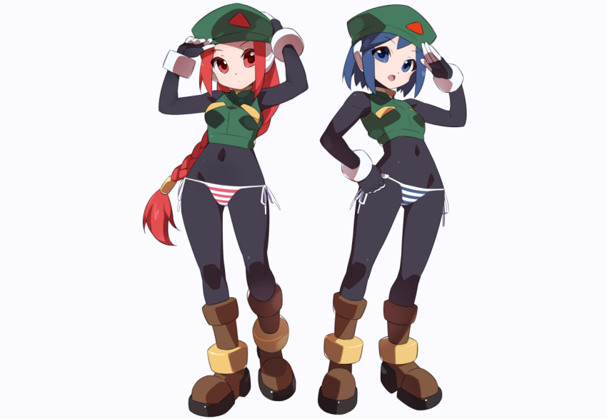 2girls, adjusting_clothes, adjusting_headwear, android, black_bodysuit, blue_eyes, blue_hair, blue_pants