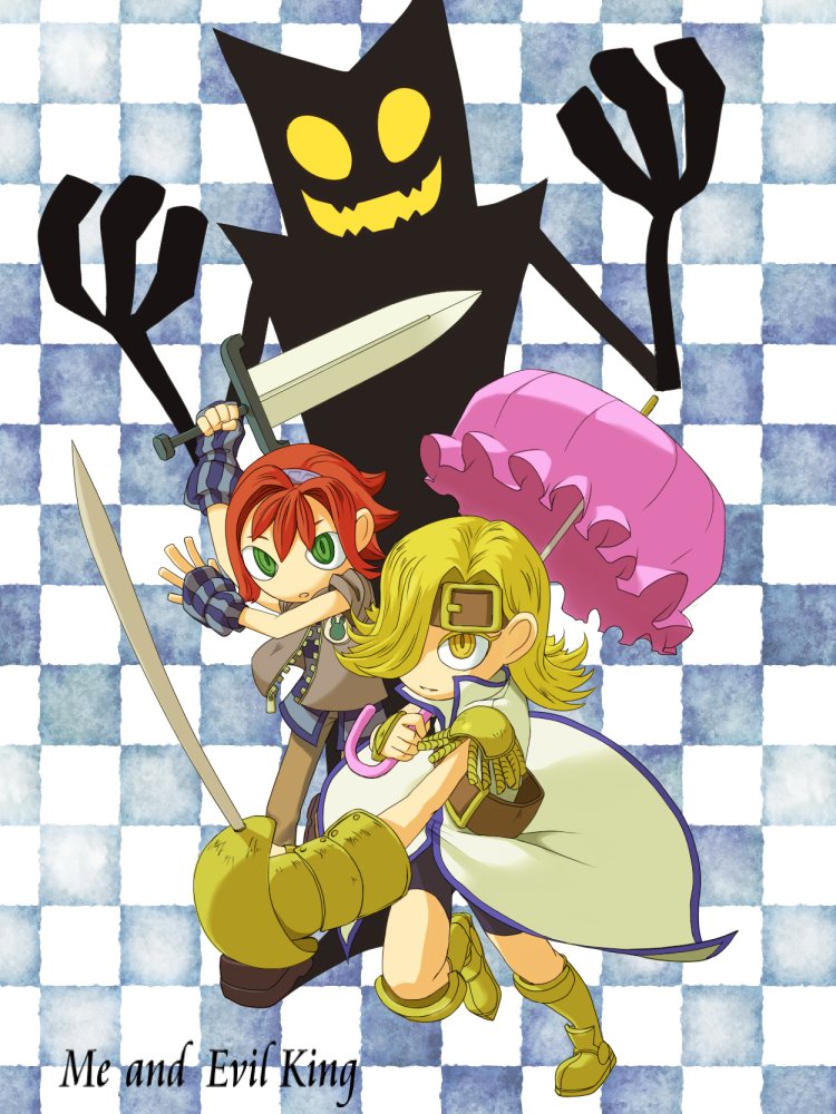 1boy, 1girl, belt, bike_shorts, blonde_hair, boku_to_maou, closed_mouth, full_body