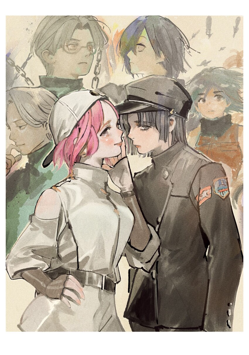 2girls, baseball_cap, baseball_uniform, black_hair, blonde_hair, blush, chain, choujin_x