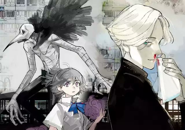 1girl, 2boys, alternate_form, black_pants, black_shirt, blonde_hair, blood, blue_eyes