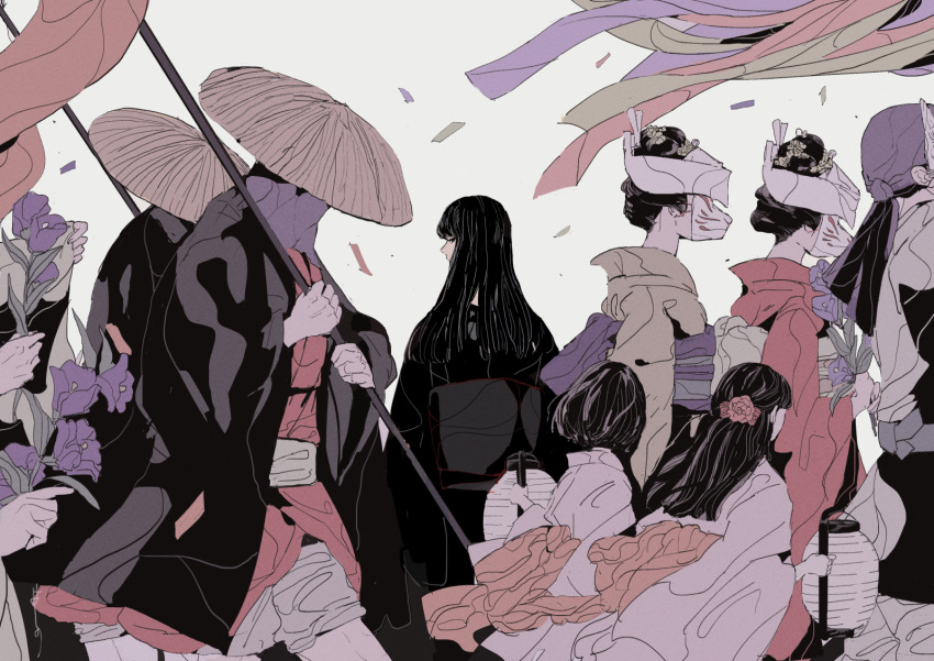 3boys, 5girls, banner, black_hair, black_kimono, bob_cut, bride, child