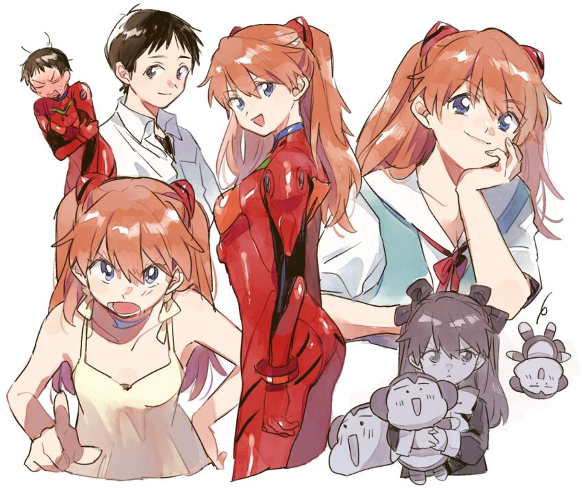 1boy, 1girl, arms_at_sides, ass, black_eyes, black_hair, blue_eyes, blush, bodysuit, breasts, brown_hair, closed_mouth, collared_shirt, cropped_legs, cropped_torso, dress, dress_shirt, embarrassed, full-face_blush, hair_between_eyes, hair_ribbon, hairpods, hand_on_own_cheek, hand_on_own_face, hand_on_own_hip, hayashi_(kanzume), head_rest, highres, holding, holding_stuffed_toy, ikari_shinji, interface_headset_(evangelion), long_hair, looking_at_viewer, mecha_pilot_suit, multiple_views, neck_ribbon, neon_genesis_evangelion, open_mouth, plugsuit_(evangelion), pointing, pointing_at_viewer, red_bodysuit, red_ribbon, ribbon, school_uniform, shirt, short_hair, short_sleeves, simple_background, sleeveless, sleeveless_dress, small_breasts, smile, souryuu_asuka_langley, stuffed_animal, stuffed_toy, sundress, sweat, tokyo-3_middle_school_uniform, v-shaped_eyebrows, wavy_mouth, white_background, white_shirt, yellow_dress