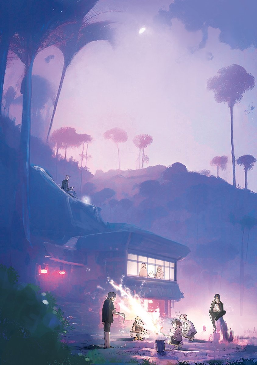 choujin_x, cliff, fireworks, fog, higashi_azuma_(choujin_x), highres, house, ichiiro_sato_(choujin_x)