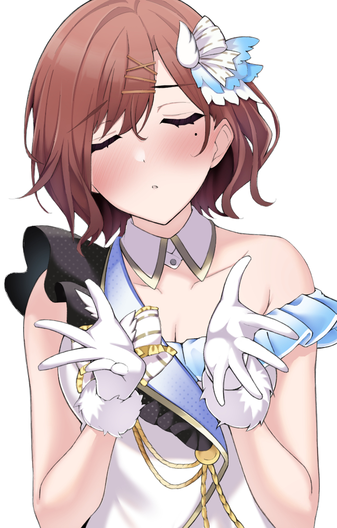 1girl, asymmetrical_clothes, beyond_the_bluesky_(idolmaster), blowing_kiss, breasts, brown_hair, cleavage, closed_eyes, collarbone, commentary_request, commission, detached_collar, fur-trimmed_gloves, fur_trim, gloves, hair_ornament, higuchi_madoka, idolmaster, idolmaster_shiny_colors, medium_breasts, mole, mole_under_eye, pixiv_commission, simple_background, solo, torikun, umapyoi_densetsu, upper_body, white_background, white_gloves, wing_hair_ornament