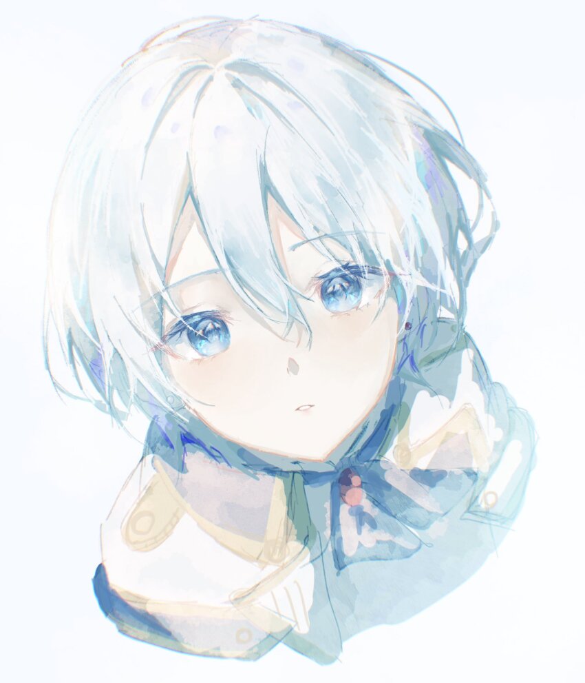 1girl, ascot, blue_ascot, blue_eyes, coat, commentary, cropped_torso, crossdressing