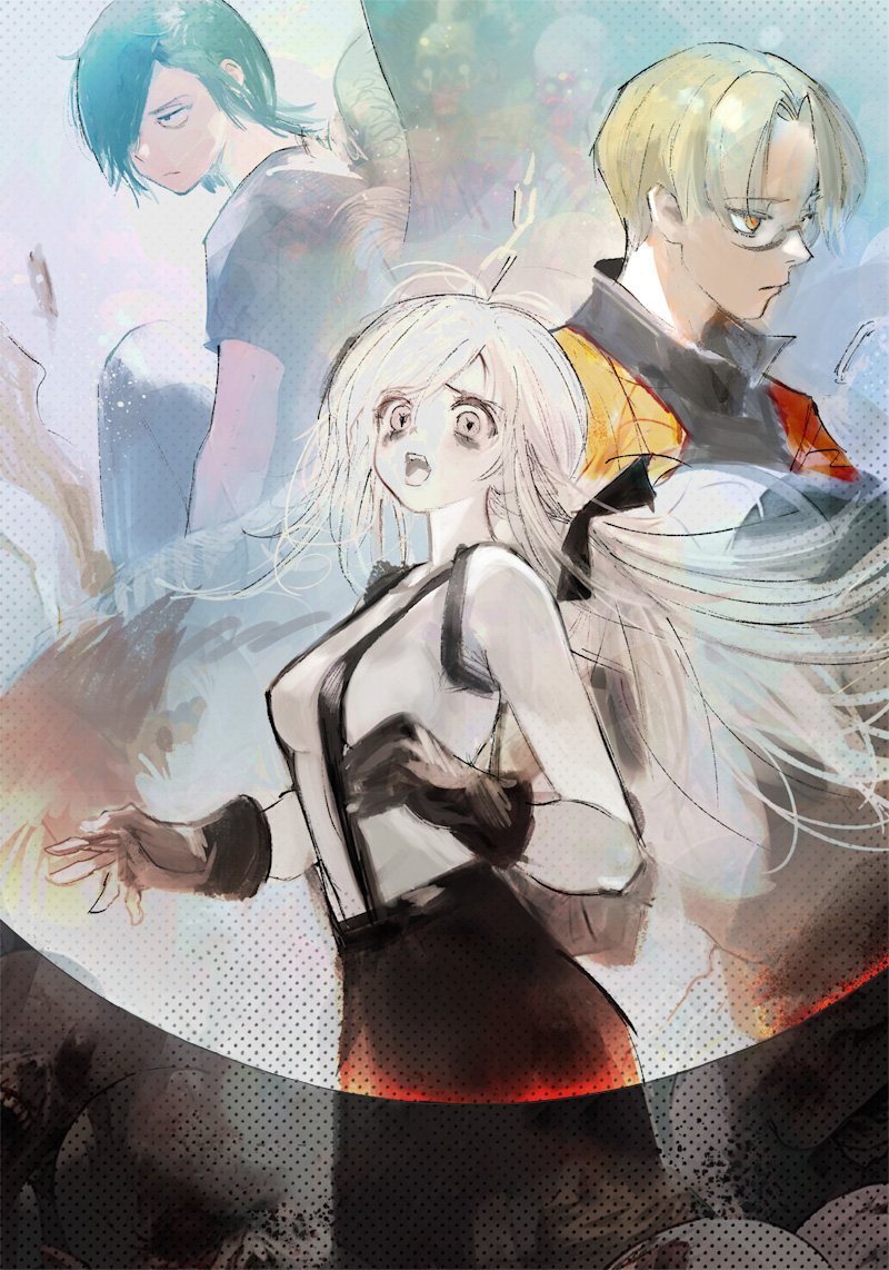 2boys, black_gloves, black_hair, blonde_hair, breasts, choujin_x, distress, feathered_wings