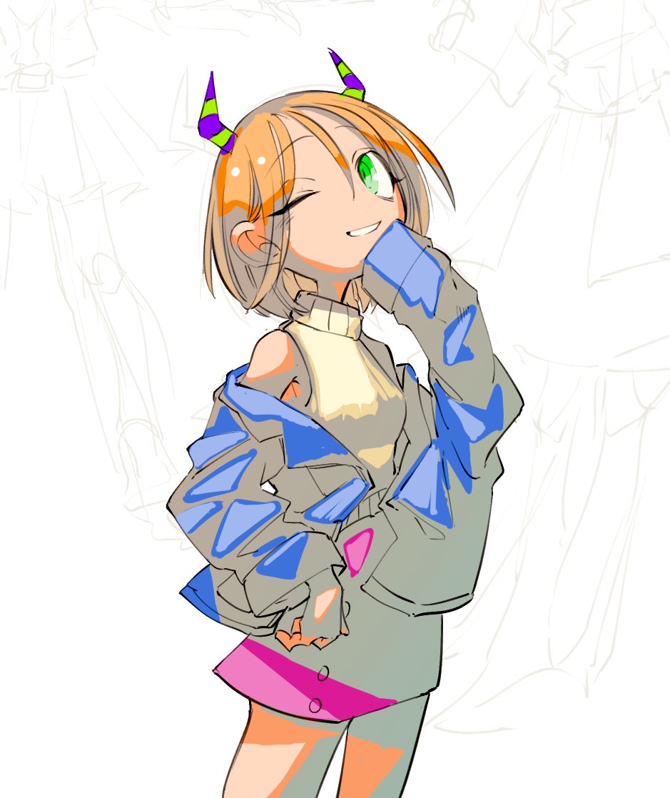 1girl, boku_to_maou, green_eyes, jacket, kijima_(amayadori-tei), linda_(boku_to_maou), looking_at_viewer, one_eye_closed, orange_hair, short_hair, simple_background, skirt, smile, solo, sweater, turtleneck, turtleneck_sweater, white_background