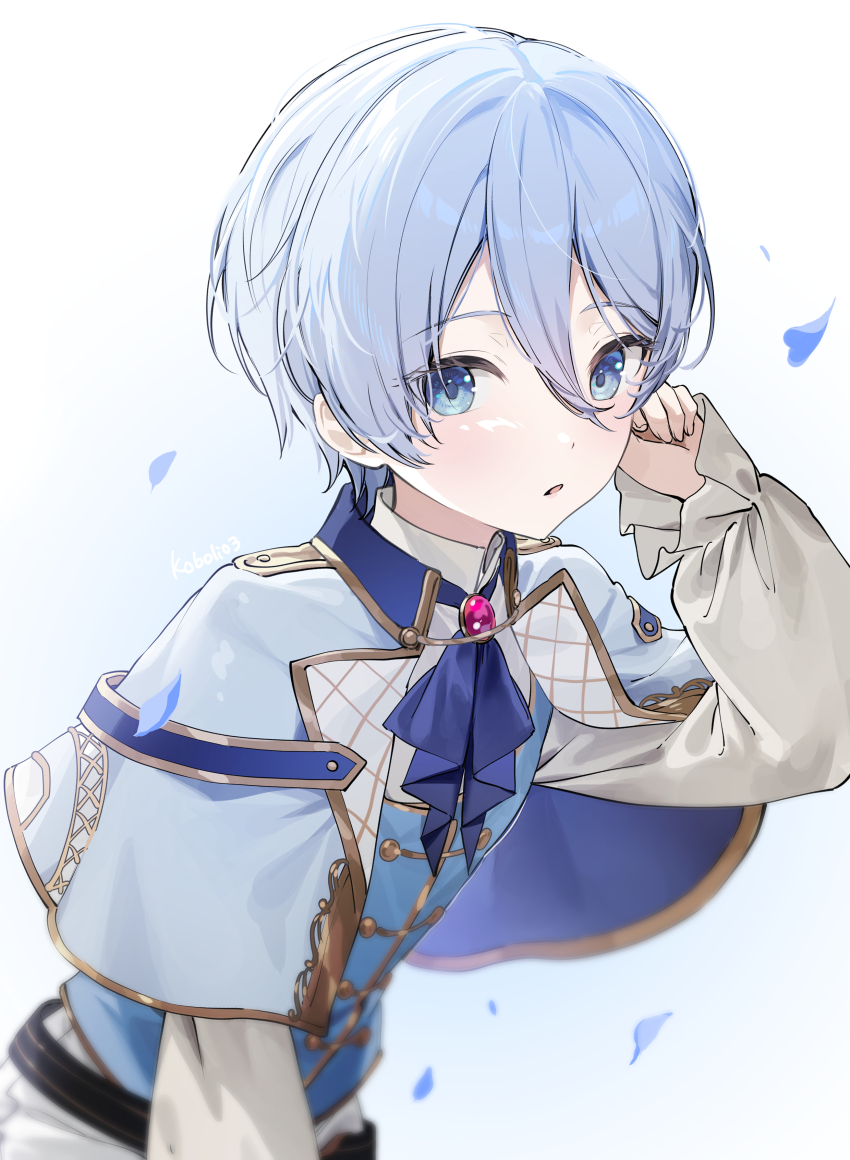 1girl, absurdres, artist_name, ascot, blue_ascot, blue_background, blue_eyes, blue_hair, blue_vest, capelet, commentary, falling_petals, frilled_sleeves, frills, gradient_background, hair_between_eyes, highres, jewelry, kkopoli, light_blue_hair, official_alternate_costume, official_alternate_hair_length, official_alternate_hairstyle, open_mouth, pendant, petals, project_sekai, relax_teatime_(project_sekai), shirt, short_hair, shorts, sidelocks, simple_background, solo, vest, white_background, white_capelet, white_shirt, white_shorts, yoisaki_kanade