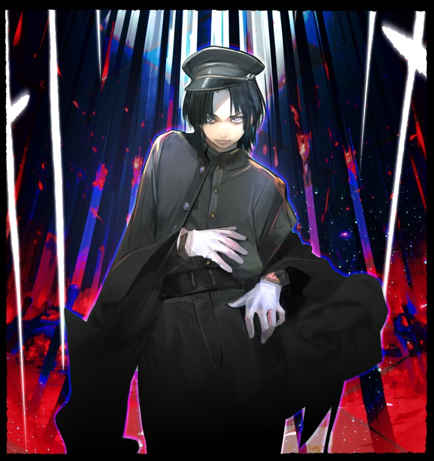 1boy, black_hair, black_headwear, black_jacket, black_pants, black_shirt, buttoned_cuffs, buttons