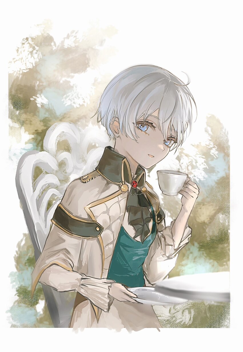 1girl, amuko08, ascot, black_ascot, blue_eyes, blurry, blurry_background, border